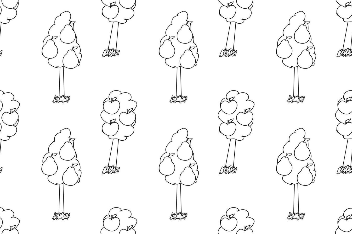 Hand-drawn seamless pattern with apple and pear trees in black and white, ideal for coloring books or activities. vector