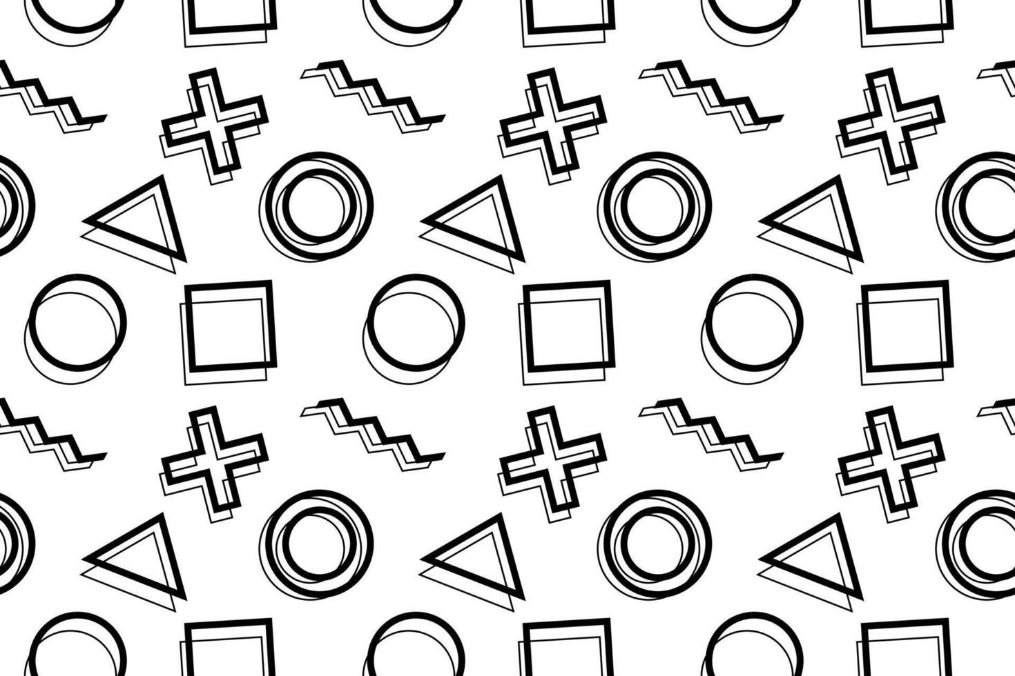 Seamless black and white pattern of abstract geometric shapes including circles, squares, triangles, and zigzags. vector
