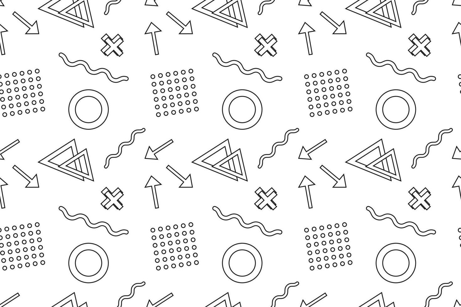 Seamless black and white pattern featuring arrows, circles, triangles, wavy lines, and dotted grids. vector