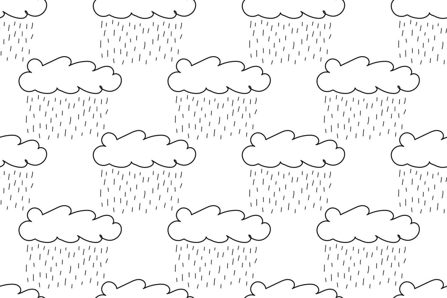 Seamless black and white pattern of rain clouds, ideal for coloring books, crafts, and creative projects. vector