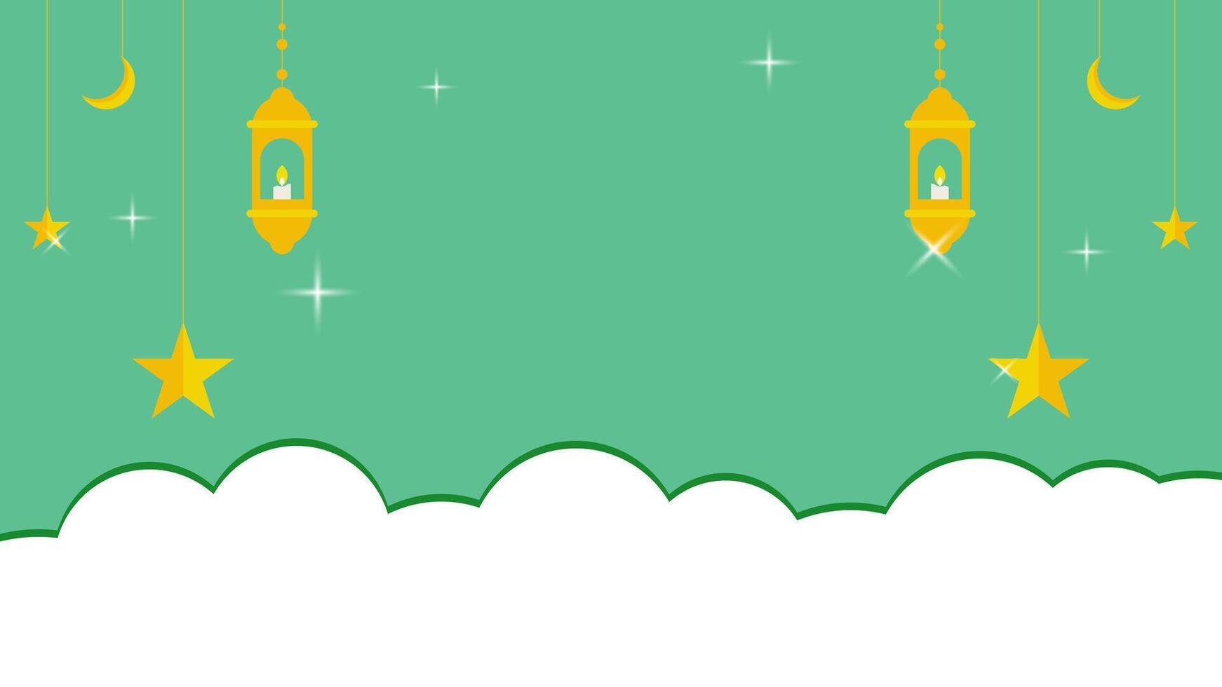 Simple Islamic ornament with lantern, star and crescent moon on green background and clouds. Perfect for Ramadan Kareem vector