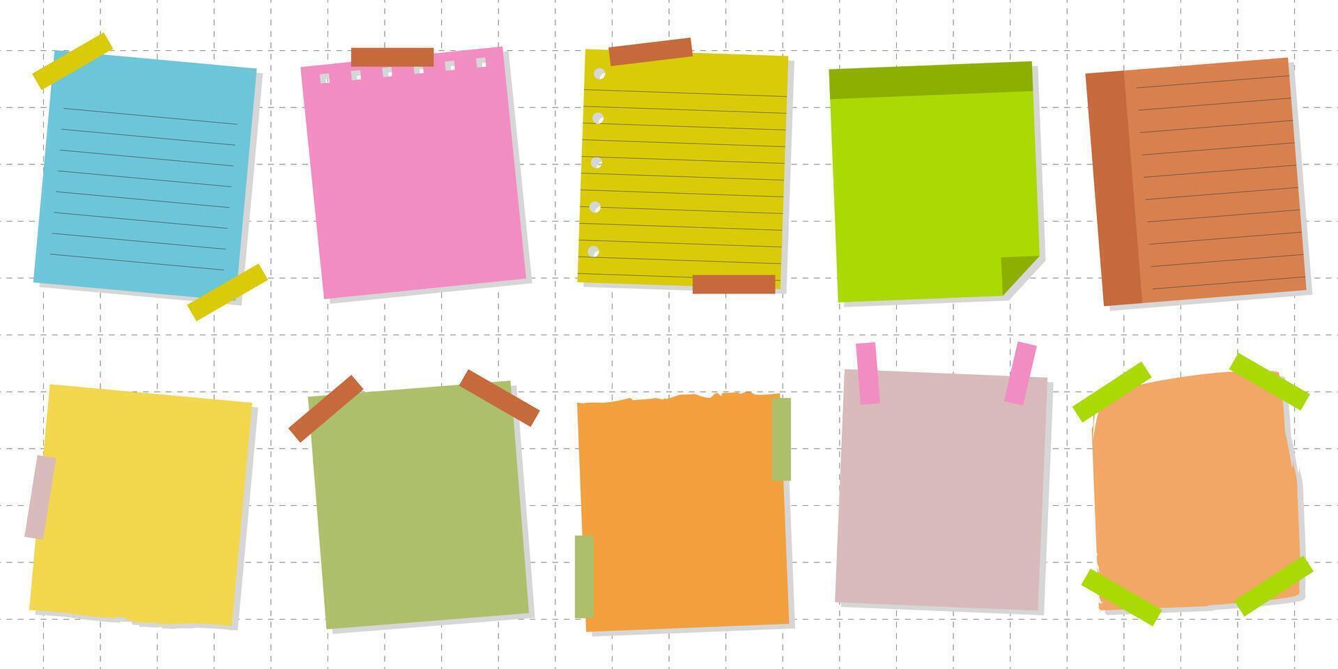 Sticky notes and colorful paper sheets. Collection of colorful paper sheets of notes stuck with sticky tape isolated on white vector