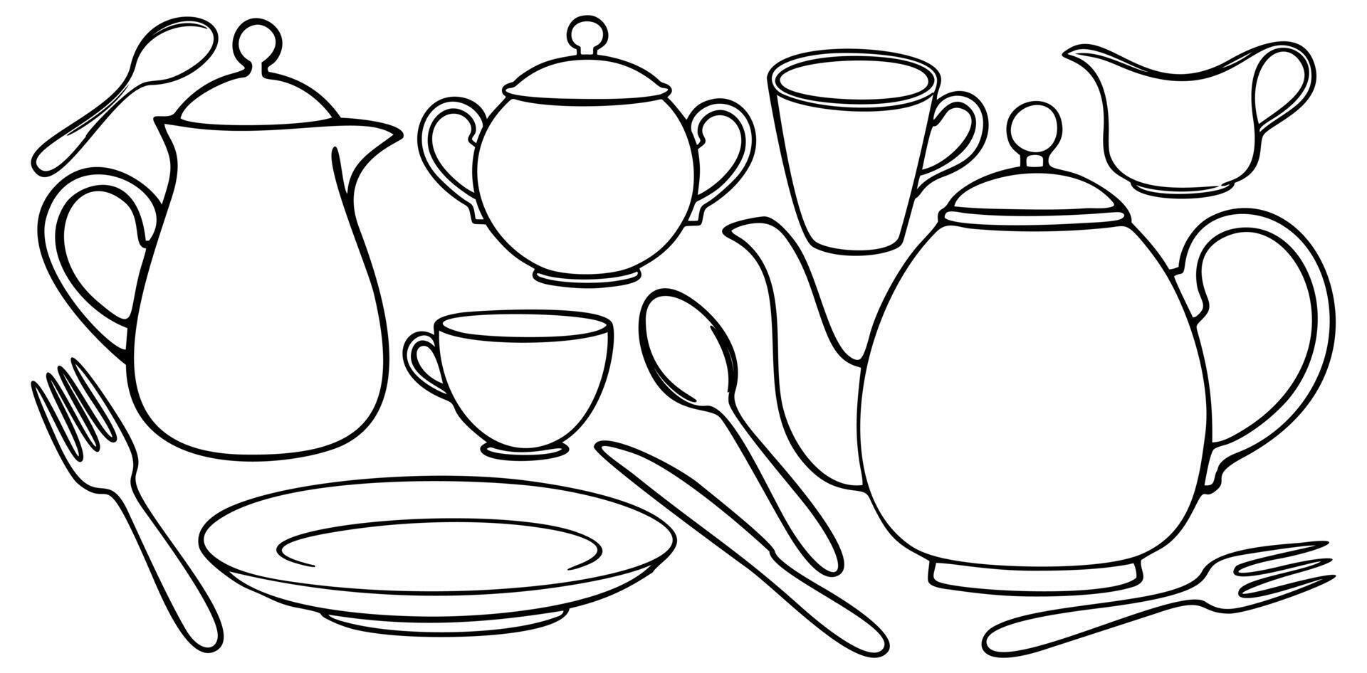 Tableware collection. Black and white doodle illustration vector