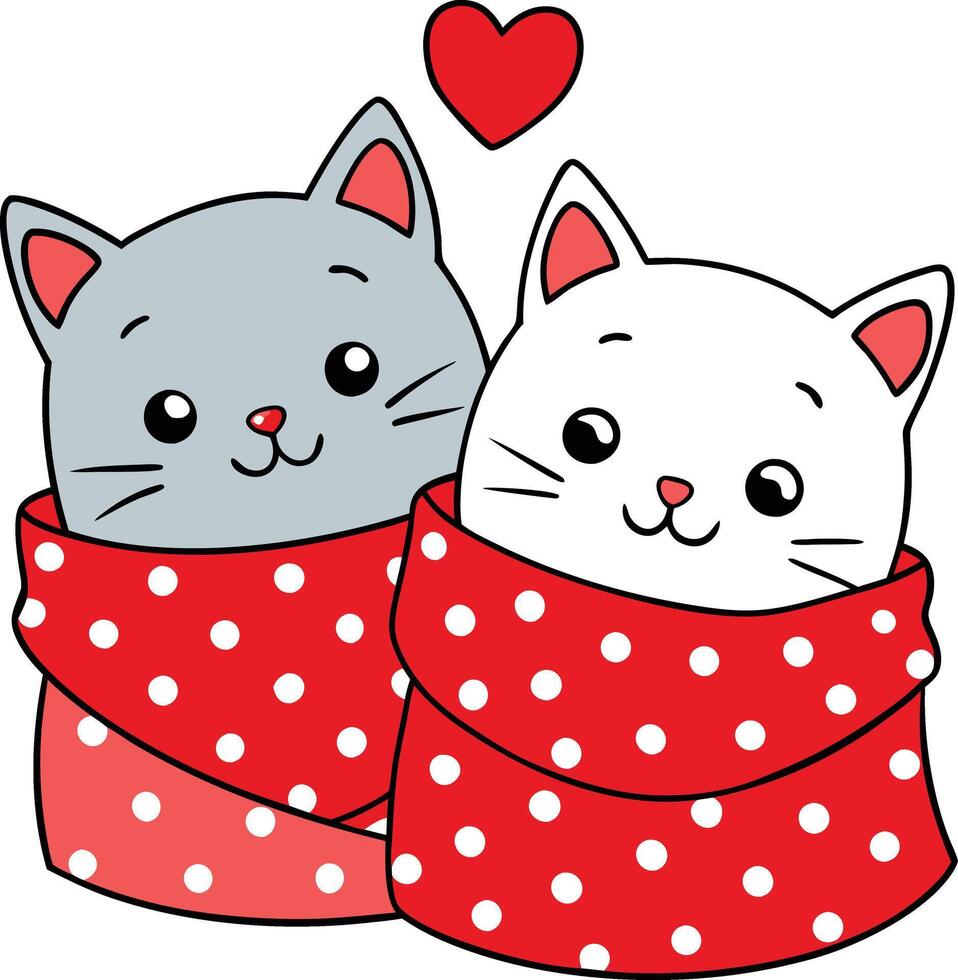 valentines day illustration Two cats are wrapped in a red blanket with hearts vector