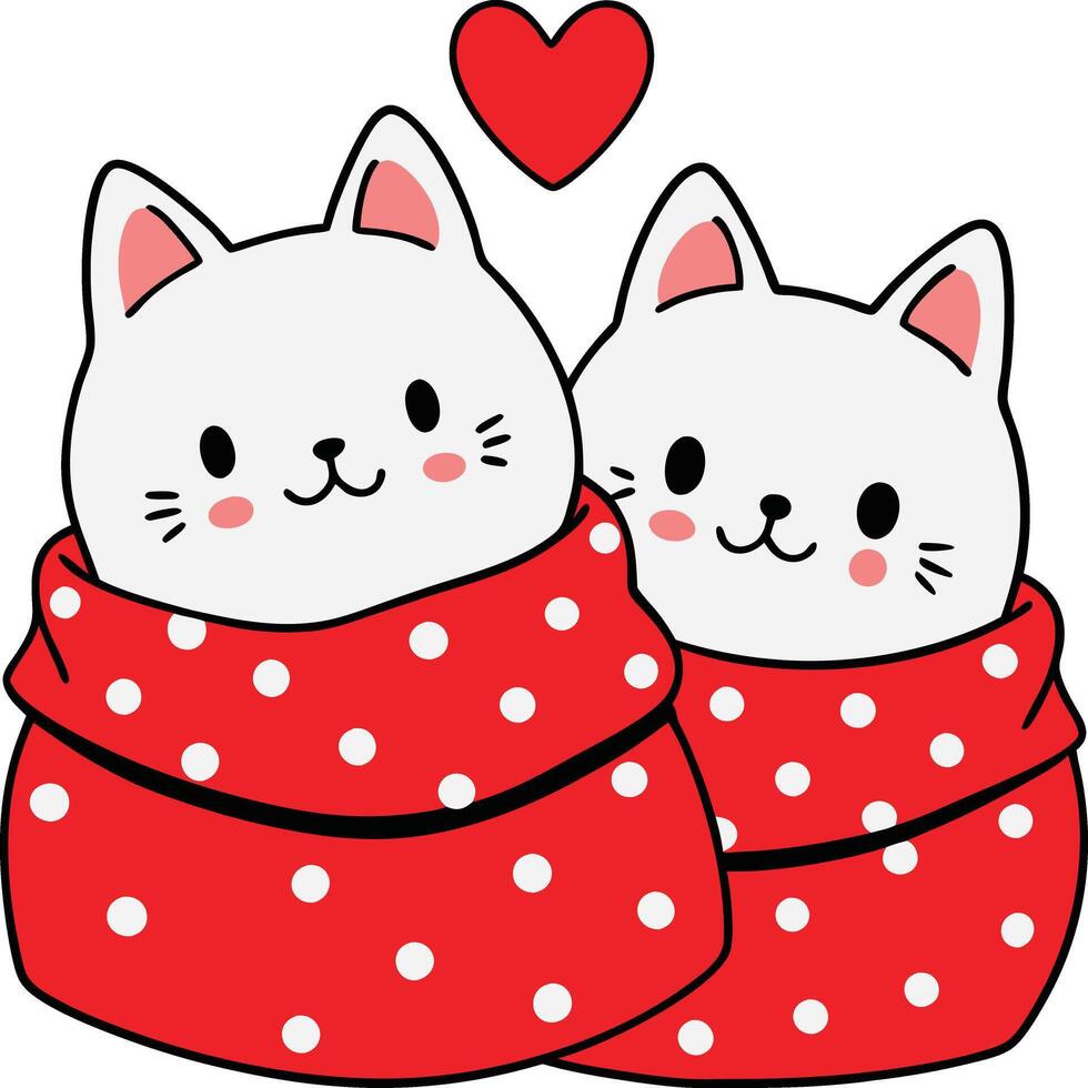 Two cats are wrapped in a red blanket with heart valentines day illustration vector