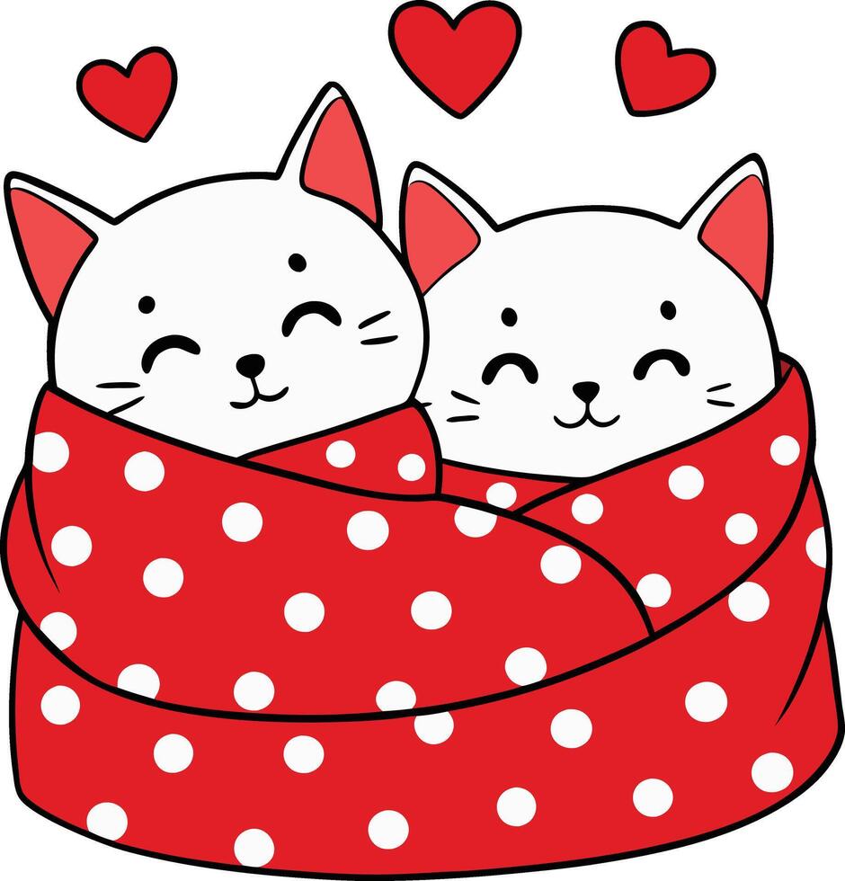 Two cats are wrapped in a red blanket valentines day illustration vector
