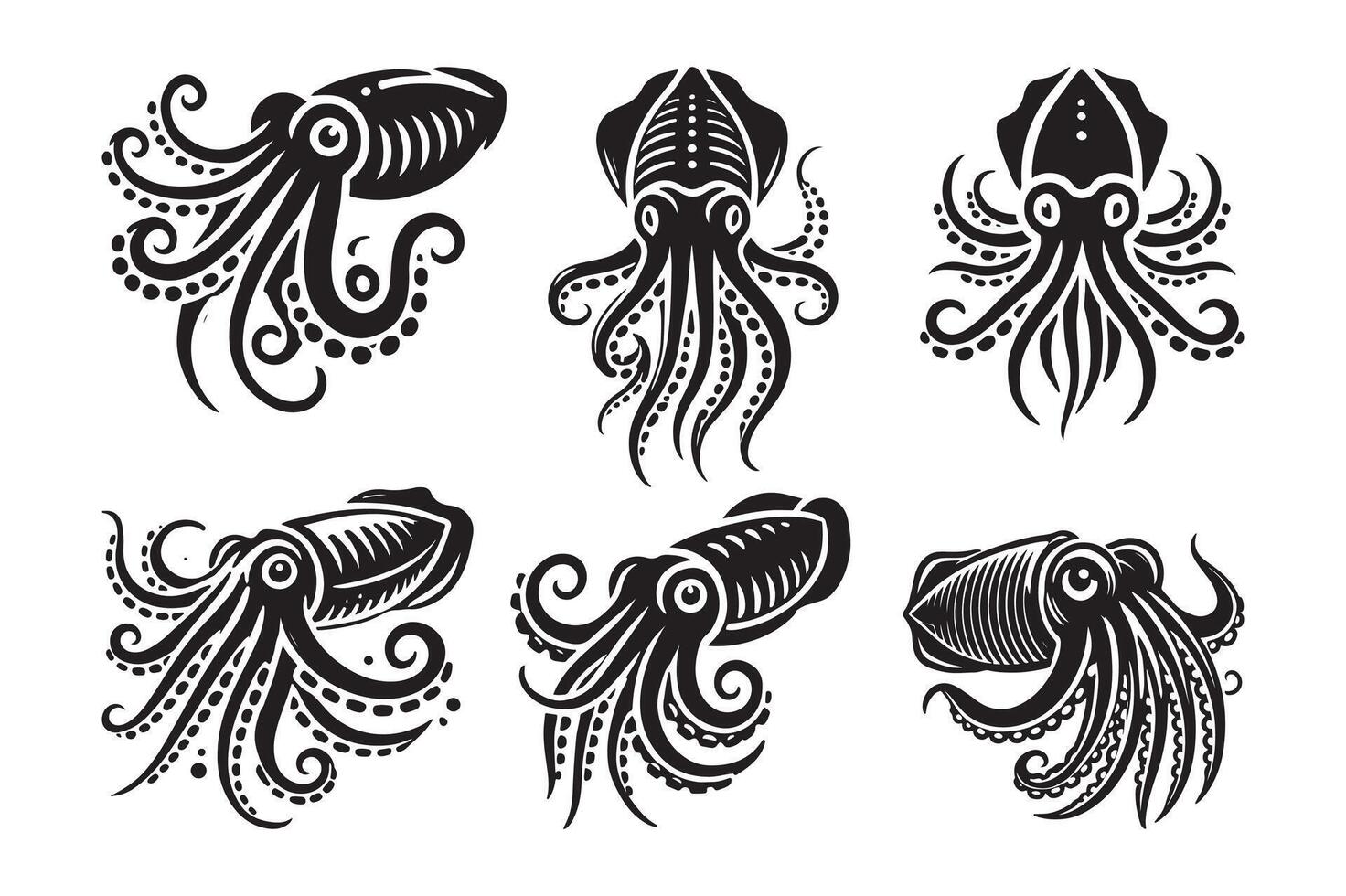 Cuttlefish Silhouette Illustrations Perfect for Nature and Ocean-Themed Branding vector