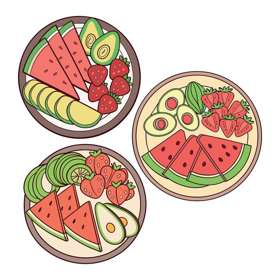 Three plates with fruit and vegetables on them vector
