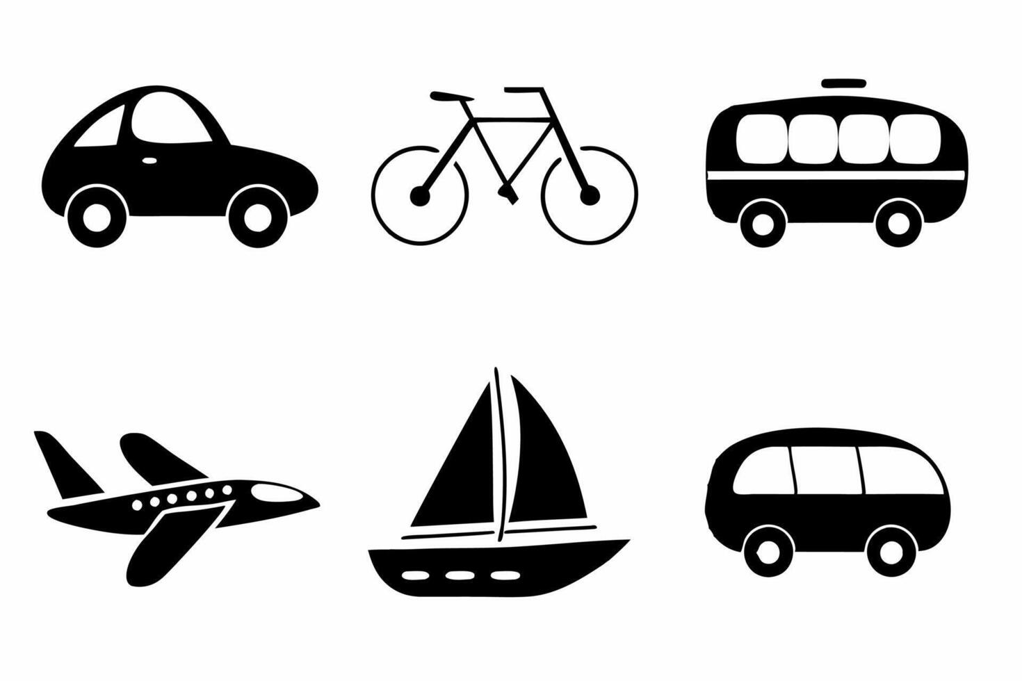 transportation icons simple black silhouettes, vehicle symbols, car, bicycle, bus, airplane, sailboat, van vector