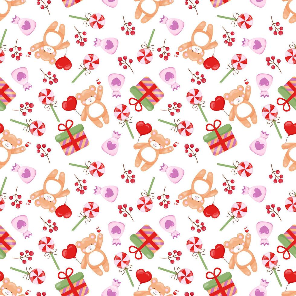 Seamless pattern with teddy bear, heart, gift, lollipop, candies. For web backgrounds, fabrics, wrapping paper, decoration. Ideal for baby clothes, textiles, packaging, web backgrounds, fabrics vector