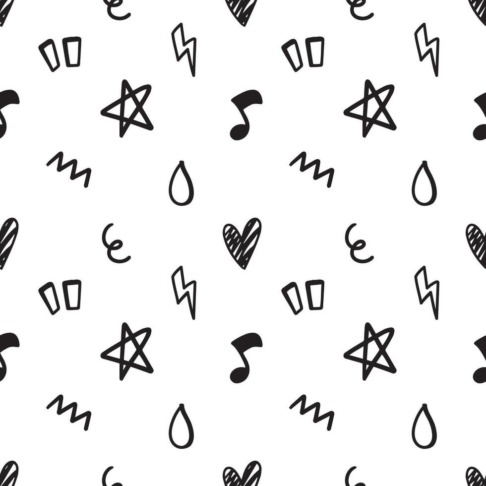Doodle hand drawn with line. Element of star, heart and music seamless pattern background for wrapping. Black and white vector