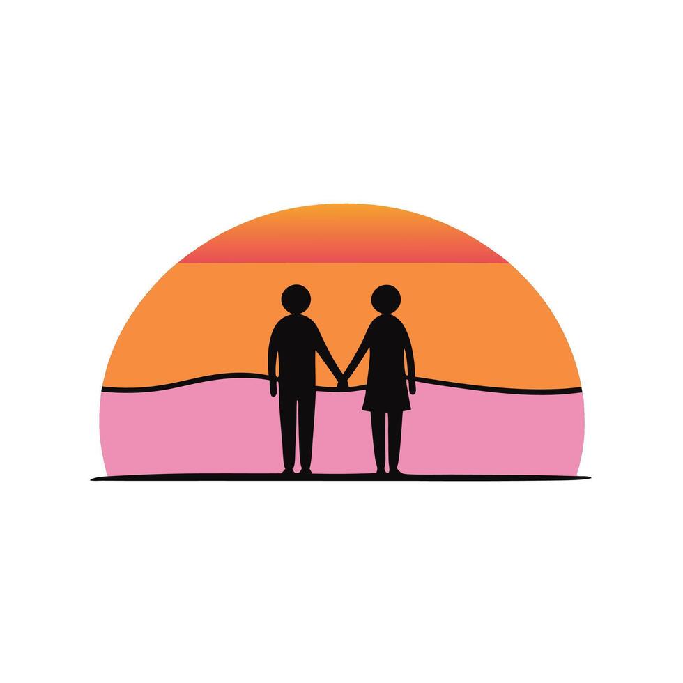 A sunset scene featuring a couple in a romantic and serene vector