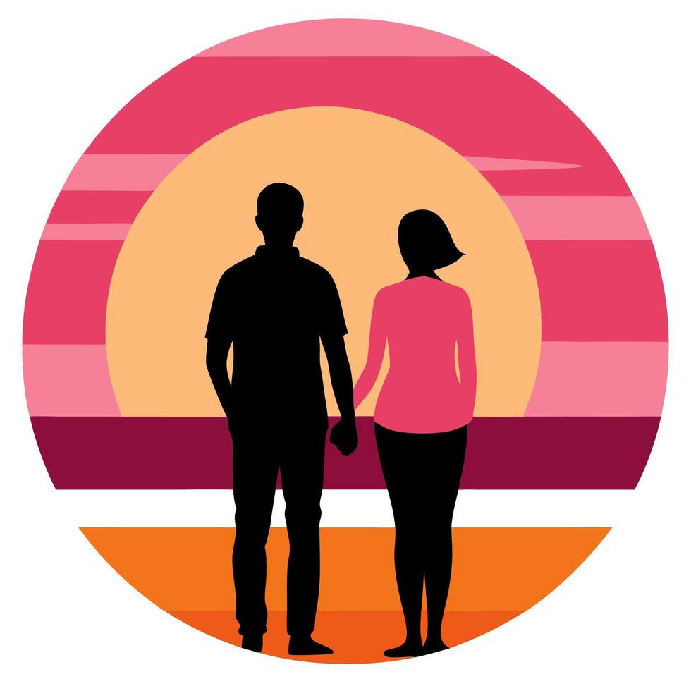 Romantic sunset scenery with a couple enjoying peaceful nature vector