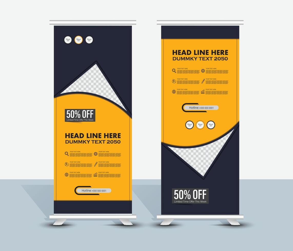 Modern stylish dark and yellow print roll up banner template design vector