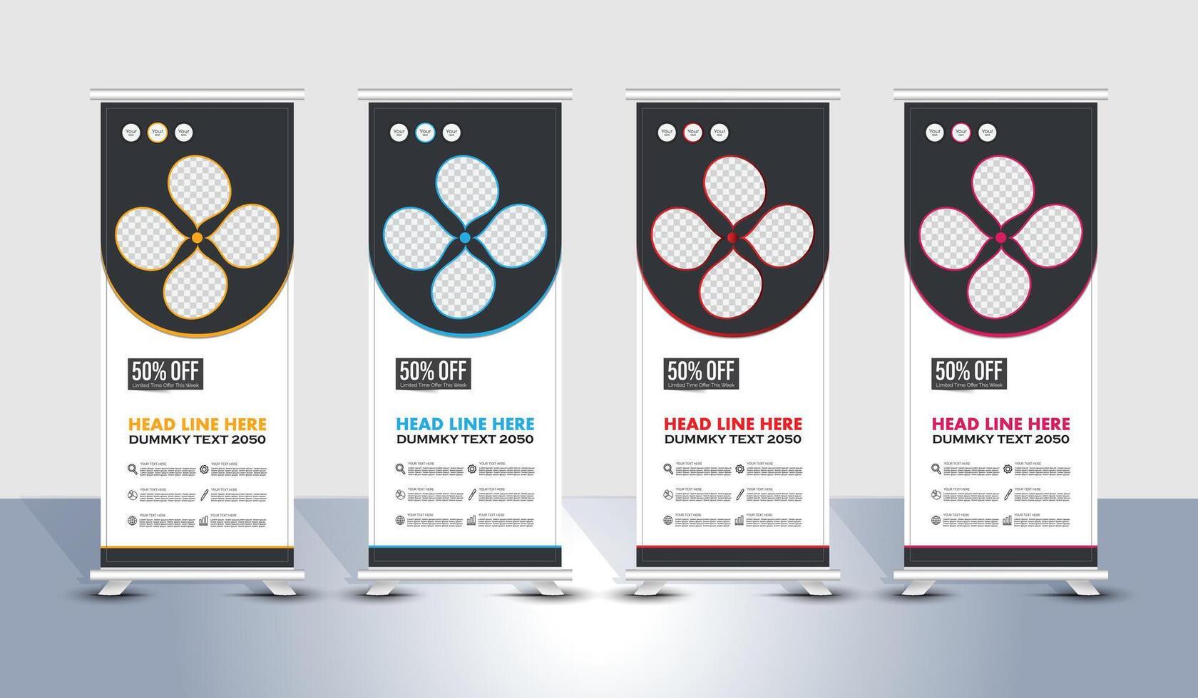 Modern stylish red, blue, yellow, purple roll up banner template design vector