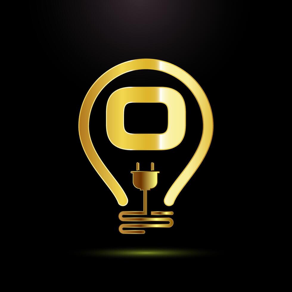 English alphabet O with an electric bulb and plug. Electricity logo design template gold color style vector