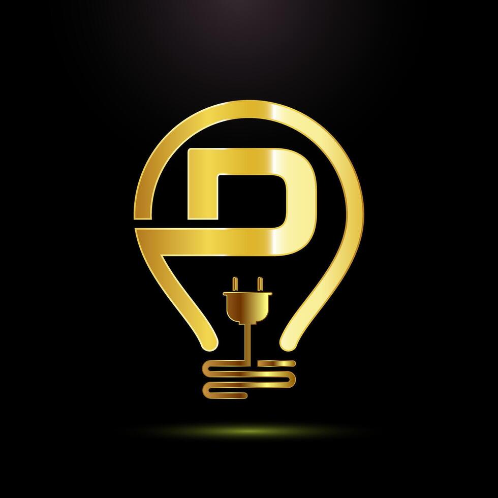 English alphabet D with an electric bulb and plug. Electricity logo design template gold color style vector