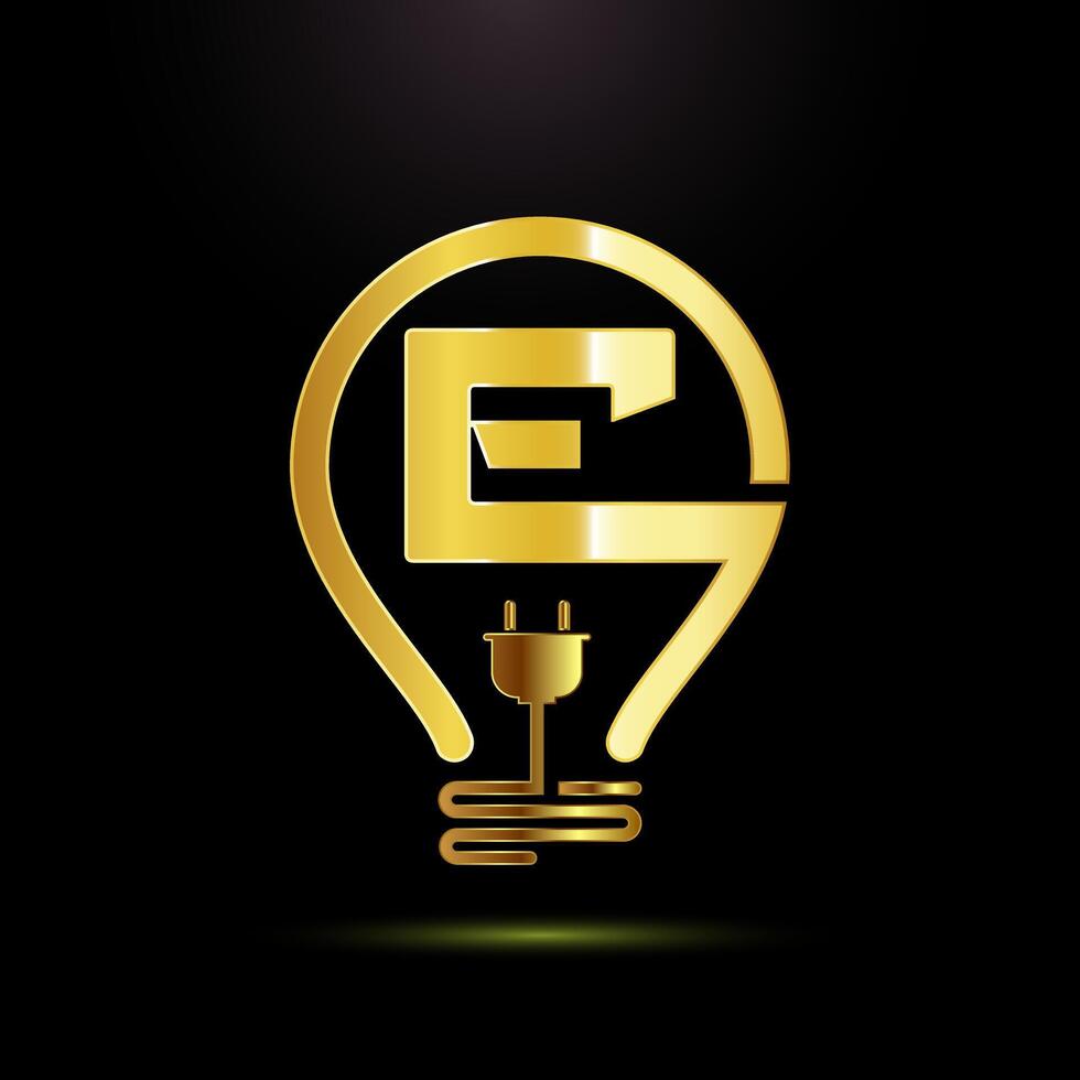 English alphabet E with an electric bulb and plug. Electricity logo design template gold color style vector