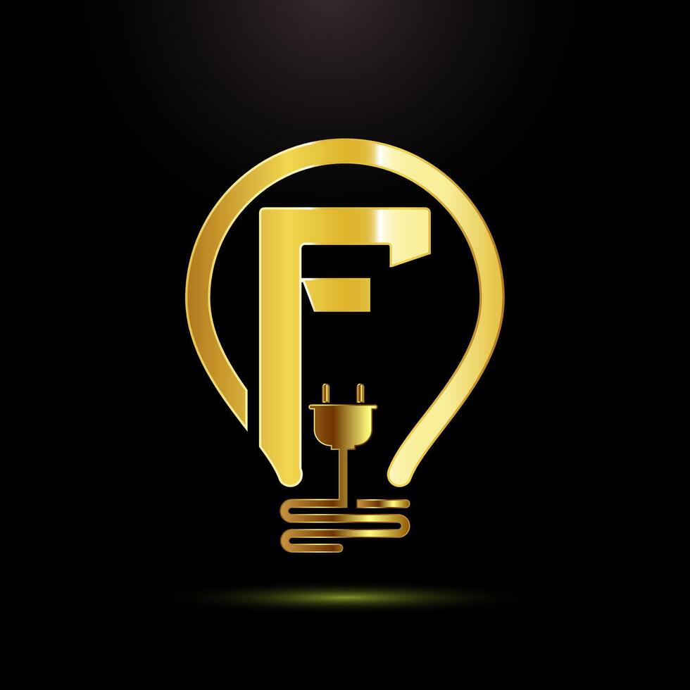 English alphabet F with an electric bulb and plug. Electricity logo design template gold color style vector