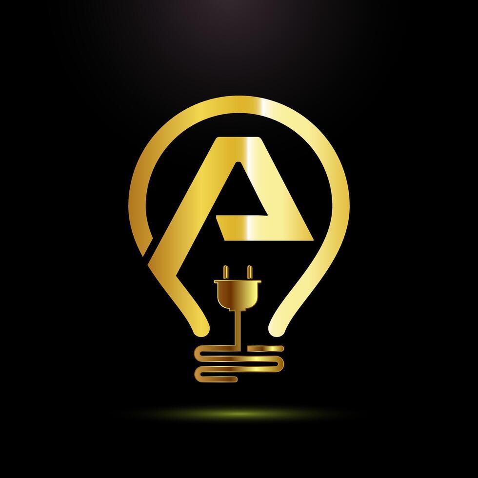 English alphabet A with an electric bulb and plug. Electricity logo design template gold color style vector