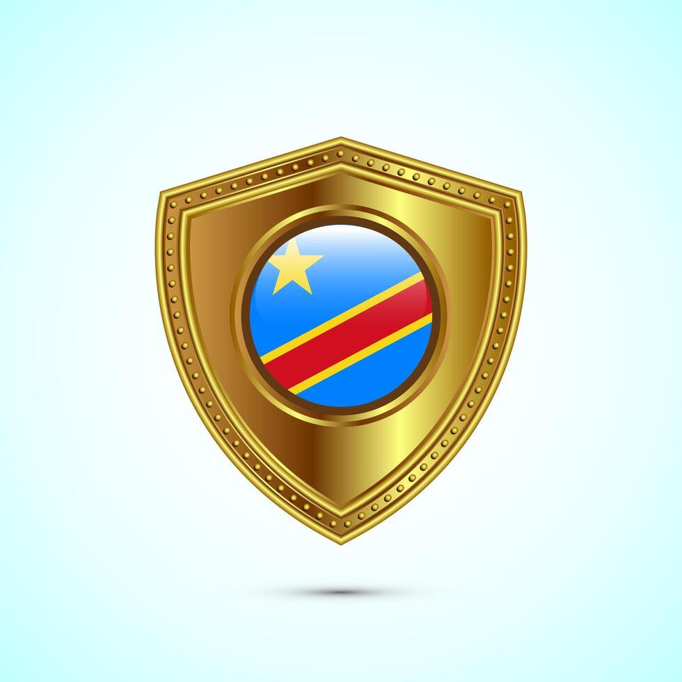 Rounded flag of Democratic Republic with glossy gold shield vector