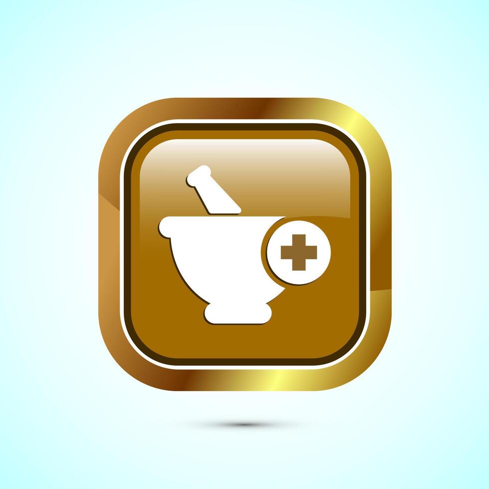 Mortar and pestle icon design illustration. Pharmacy sign symbol for app, website, and logo. Gold color square button design vector