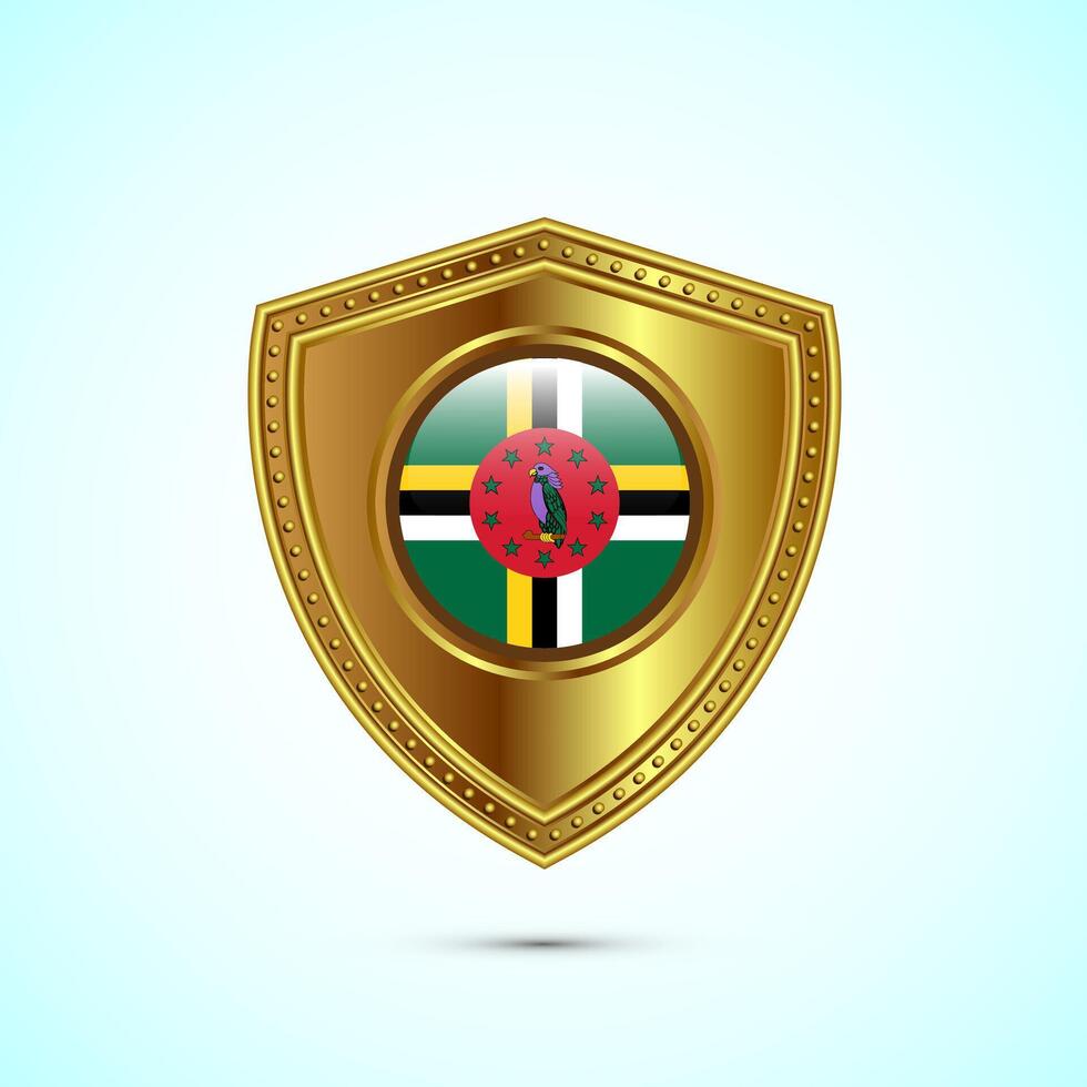 Rounded flag of Dominica with glossy gold shield vector