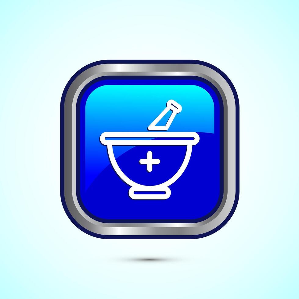 Mortar and pestle icon design illustration. Pharmacy sign symbol for app, website, and logo. Blue color square button design vector