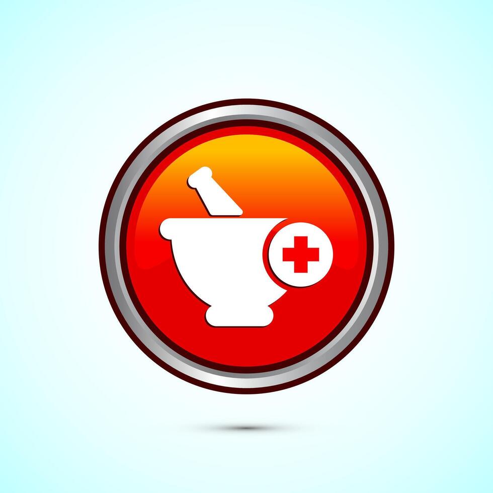Mortar and pestle icon design illustration. Pharmacy sign symbol for app, website, and logo. Orange color round button design vector