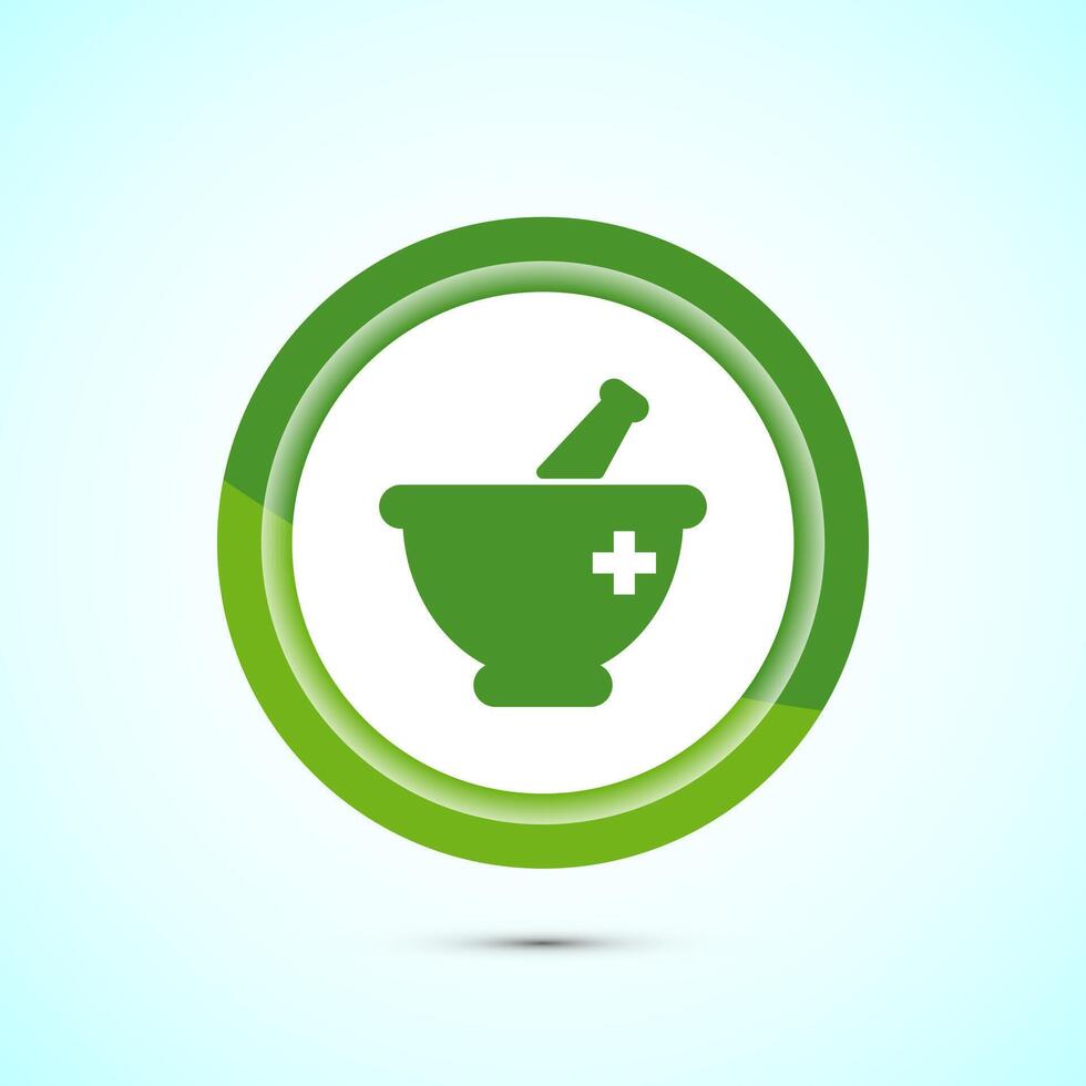 Mortar and pestle icon design illustration. Pharmacy sign symbol for app, website, and logo. Green color button design vector