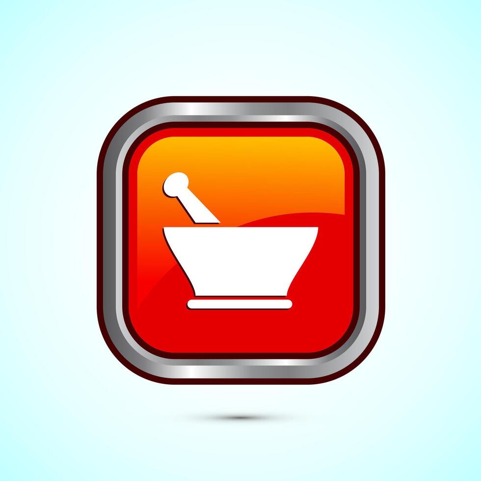 Mortar and pestle icon design illustration. Pharmacy sign symbol for app, website, and logo. Orange color square button design vector