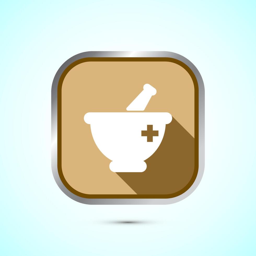 Mortar and pestle icon design illustration. Pharmacy sign symbol for app, website, and logo. Gold shadow button design vector