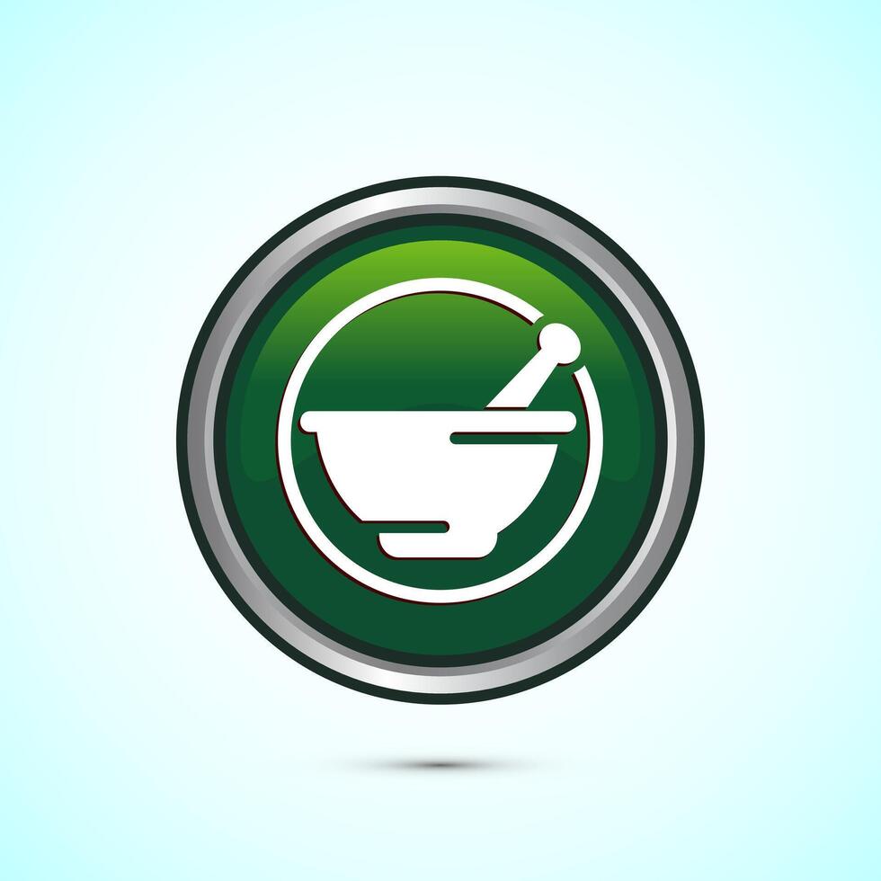 Mortar and pestle icon design illustration. Pharmacy sign symbol for app, website, and logo. Green color round button design vector