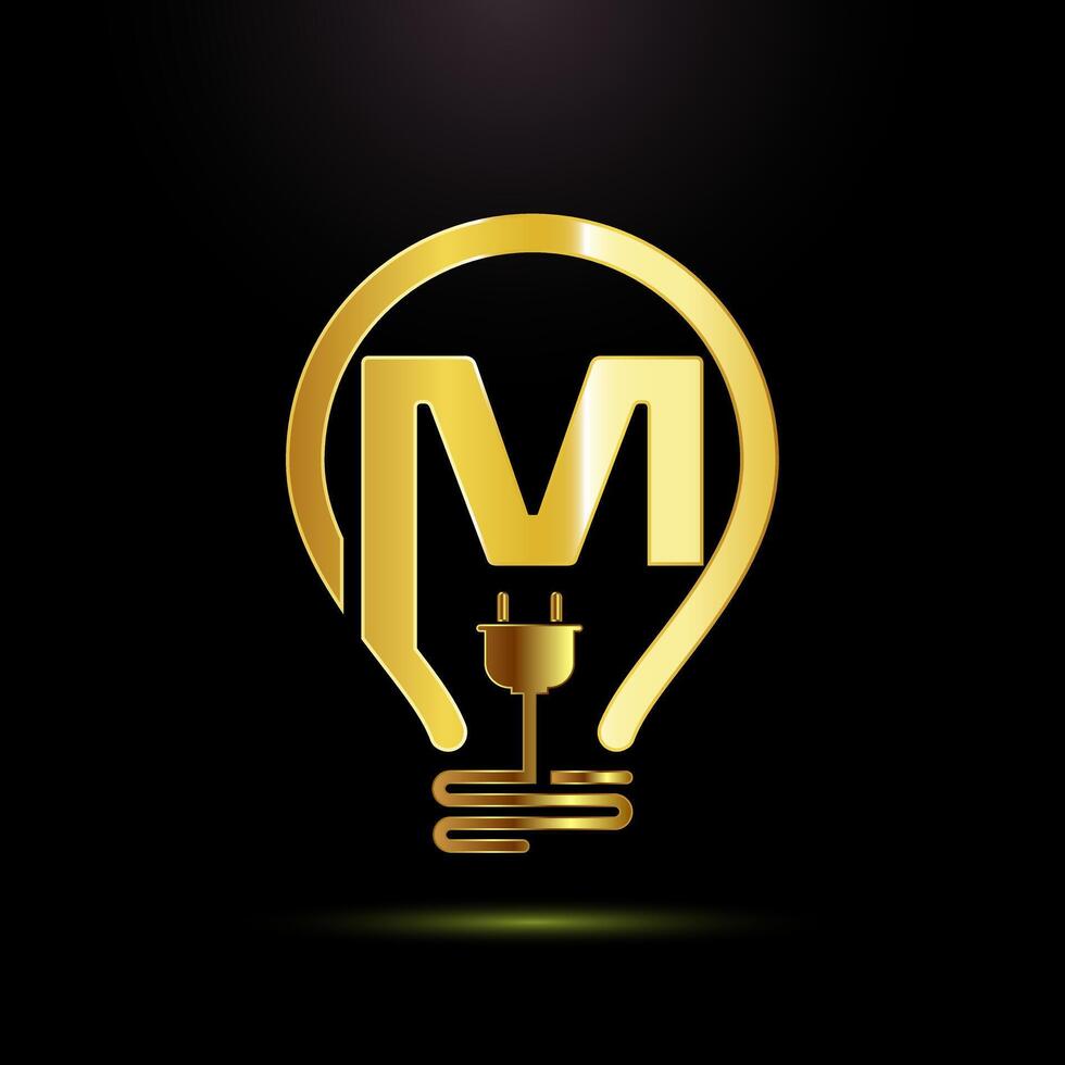 English alphabet M with an electric bulb and plug. Electricity logo design template gold color style vector