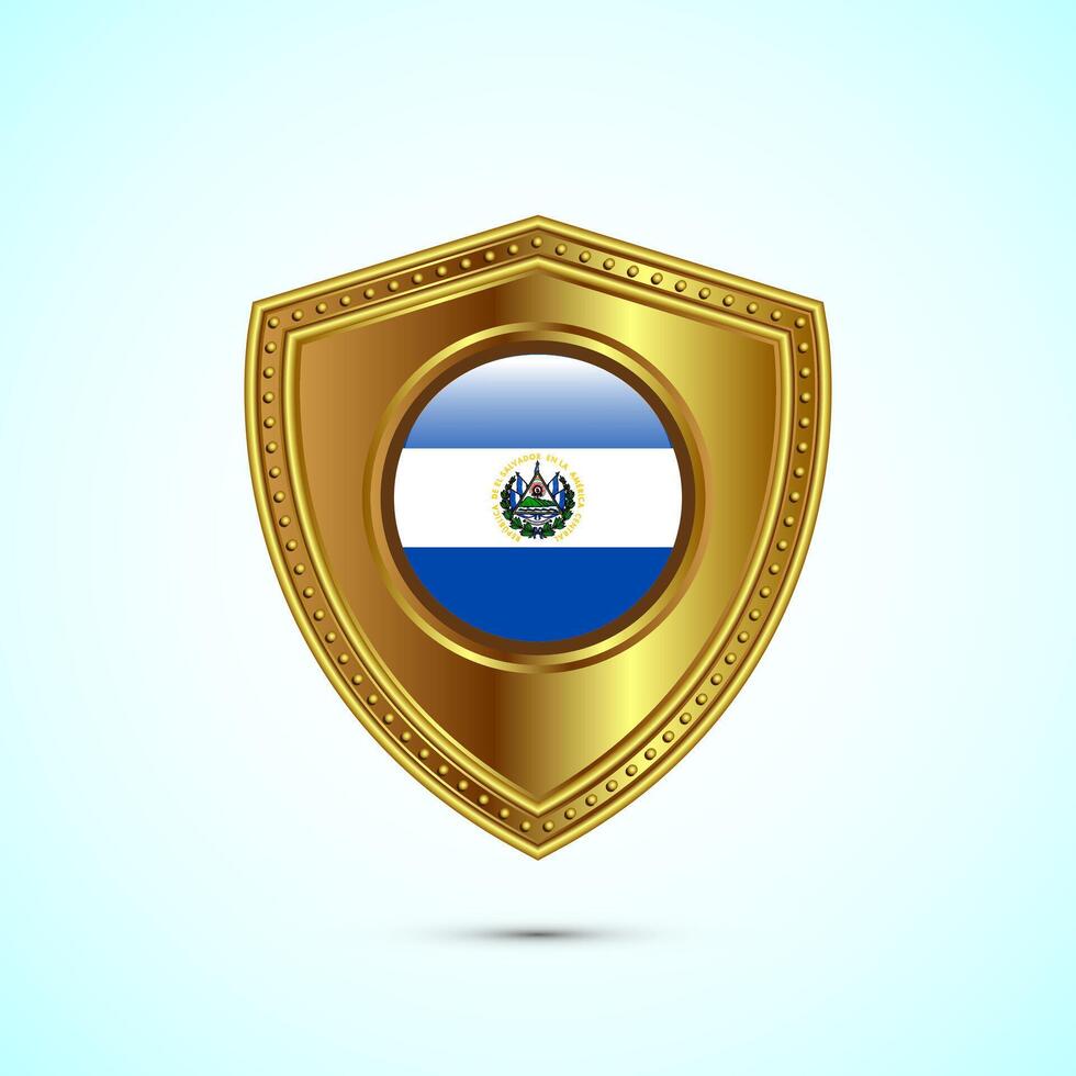Rounded flag of El Salvador with glossy gold shield vector