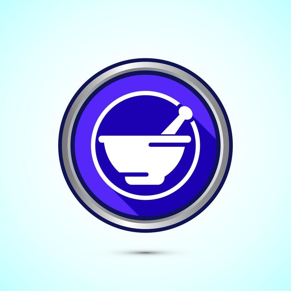 Mortar and pestle icon design illustration. Pharmacy sign symbol for app, website, and logo. Blue shadow button design vector