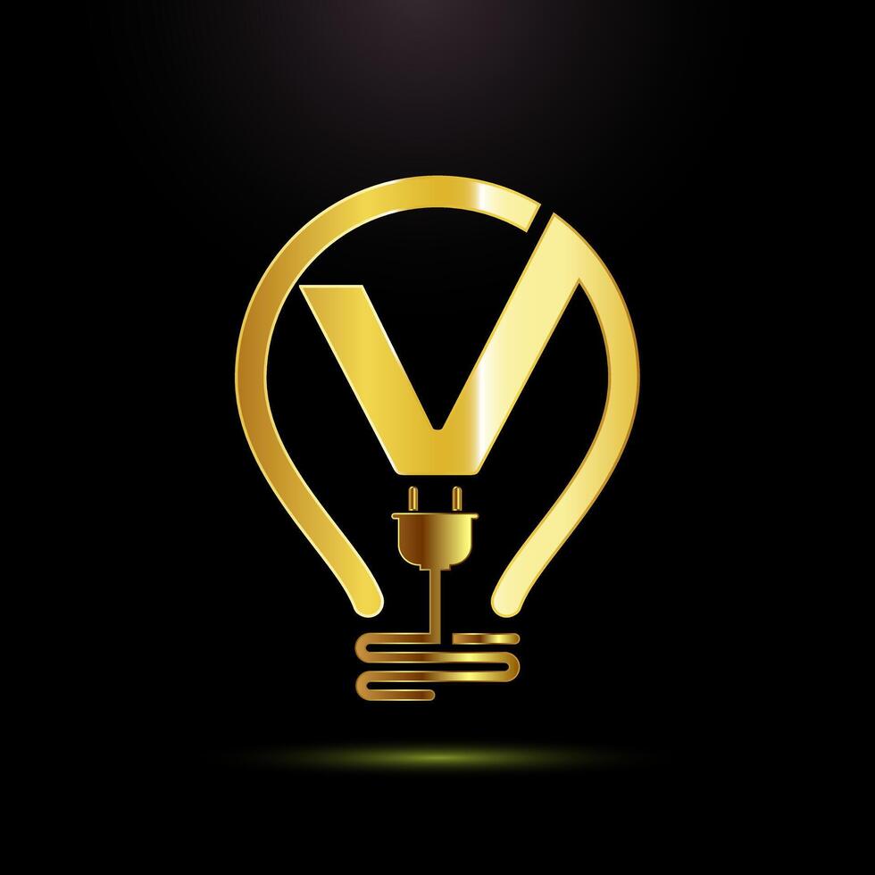 English alphabet V with an electric bulb and plug. Electricity logo design template gold color style vector