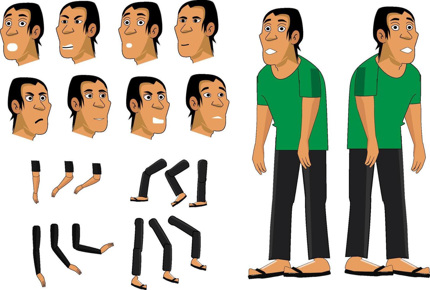 Set of male characters in green clothes, can be used for 2d animation vector