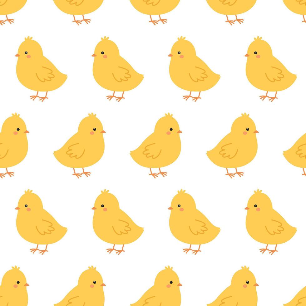 Seamless pattern with cute little chicks on white background. Farm animals. Easter birds. Yellow chicken babies. Flat illustration for wallpaper, textile, packaging vector