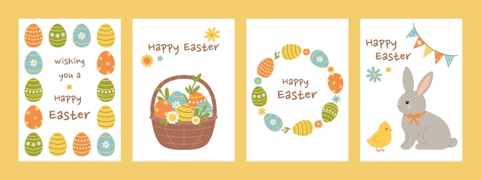 Happy Easter vertical greeting cards set with easter eggs, basket, rabbit, chick and flowers. Spring collection. Cute holiday banner, invitation templates on white background. Flat illustration vector