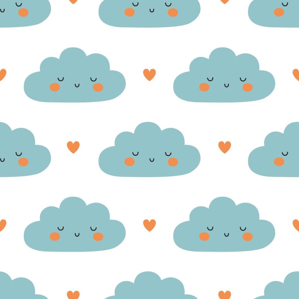 Seamless pattern with cute blue clouds with smiling faces and hearts on white background. Cloudy weather. Simple childish print. Flat illustration for wallpaper, textile, packaging vector