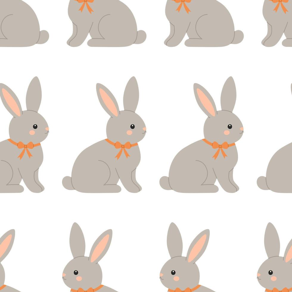 Seamless pattern with cute little rabbits on white background. Easter animals. Grey farm bunnies with bows. Flat illustration for wallpaper, textile, packaging vector
