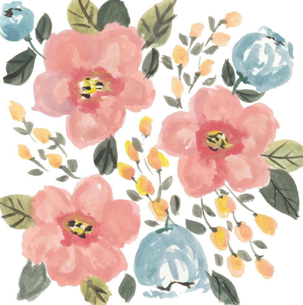 watercolor flowers and leaves on a white background vector
