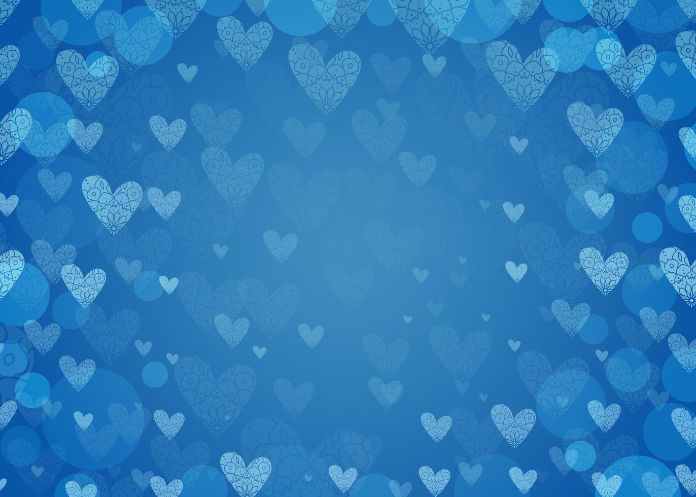 Blue background with bokeh hearts. Valentine day romantic backdrop for postcards, design, banners. Bright blue sky illustration with lace decorative hearts. vector