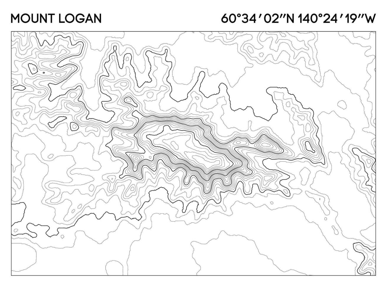 Topographic map of Mount Logan with precise elevation contours and geographic coordinates. Topographic map . vector