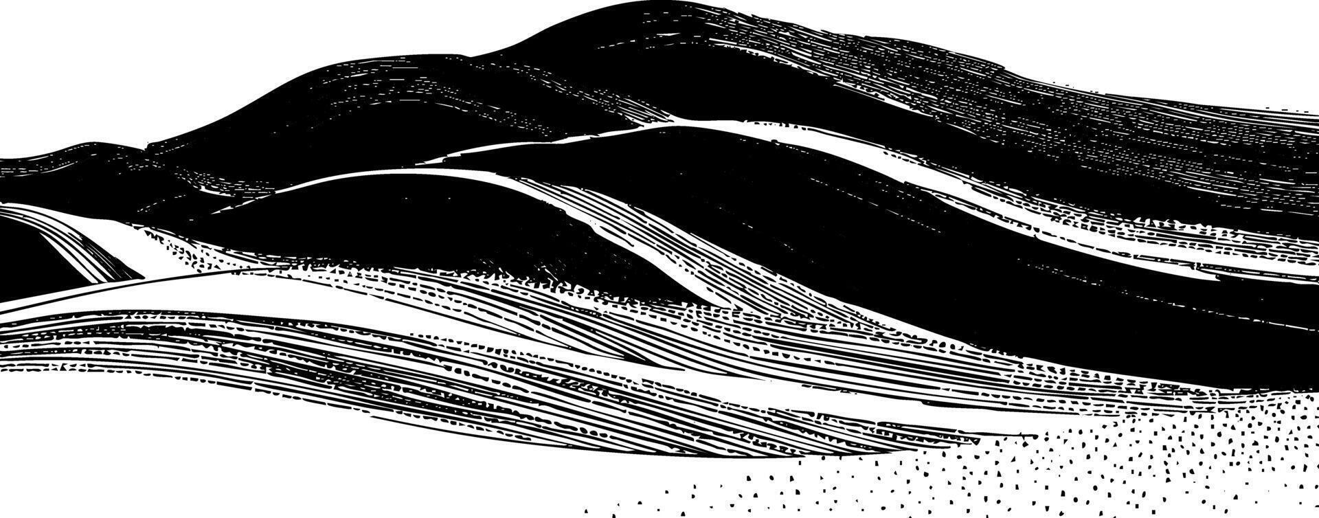 Abstract black and white landscape with flowing lines and waves. vector
