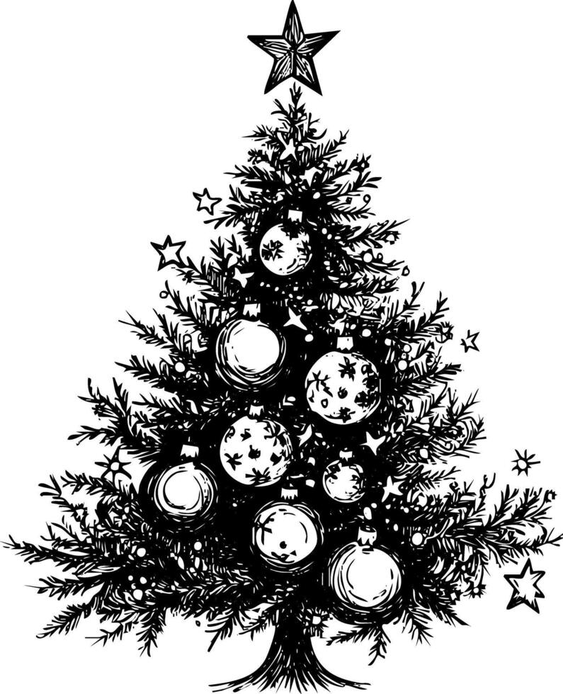 Black and white illustration of a decorated Christmas tree with star. vector