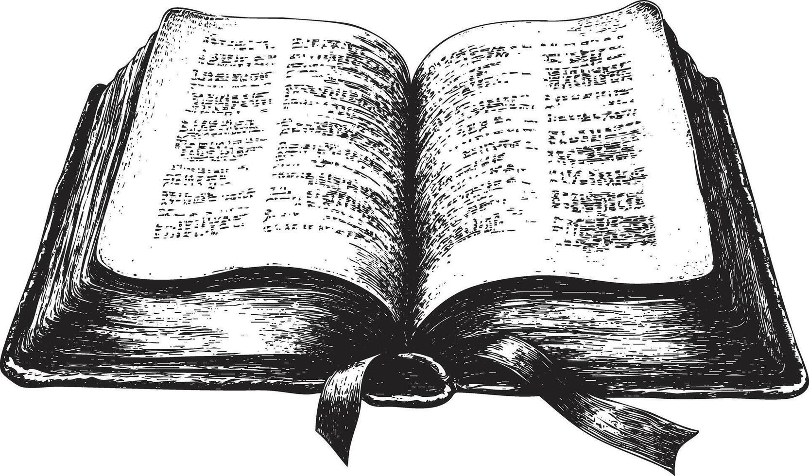 Black and white illustration of an open book with a ribbon bookmark. vector
