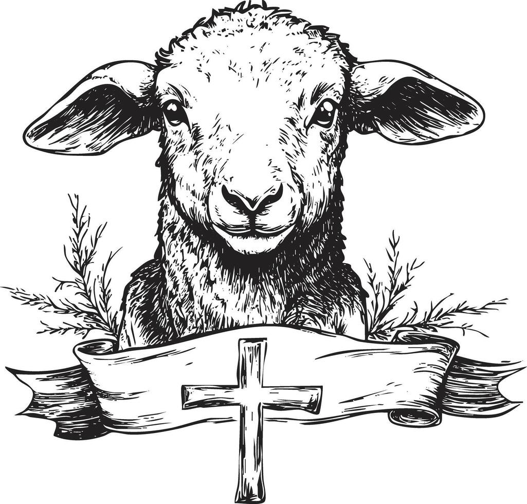 Illustration of a lamb with a cross on a decorative banner. vector