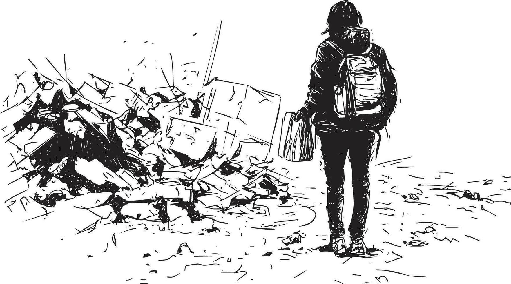 Illustration of a person with a backpack standing before rubble. vector